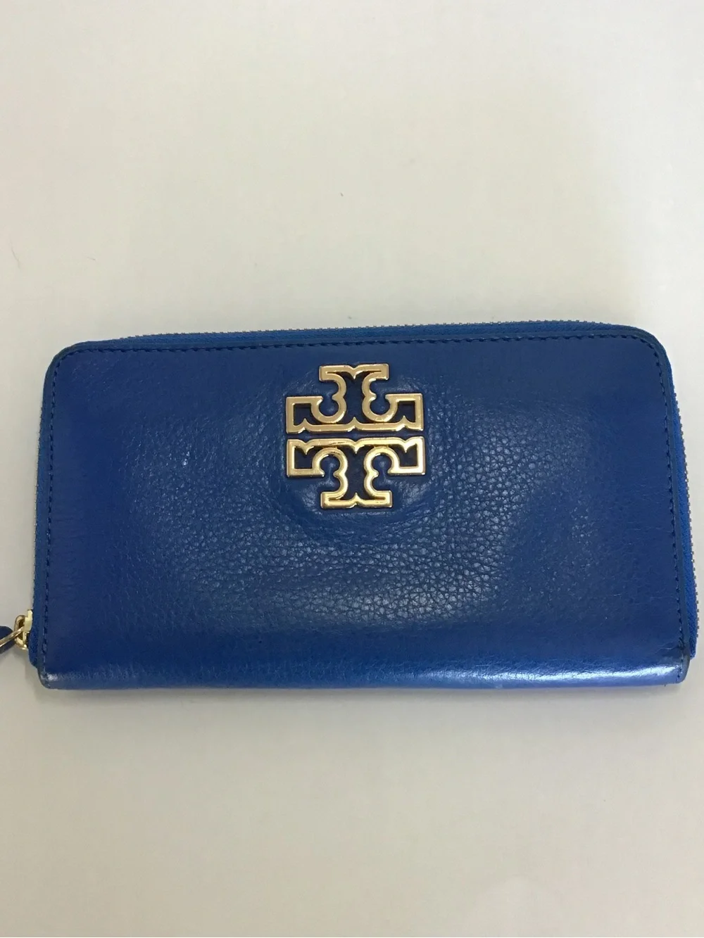 Tory Burch Electric Blue Zip-Around Leather Wallet with Gold Logo